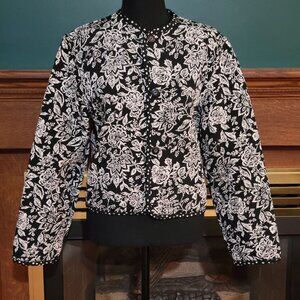 Handmade Black White Floral Polka Dot Reversible Quilted Granny Jacket Sz Sm/Med